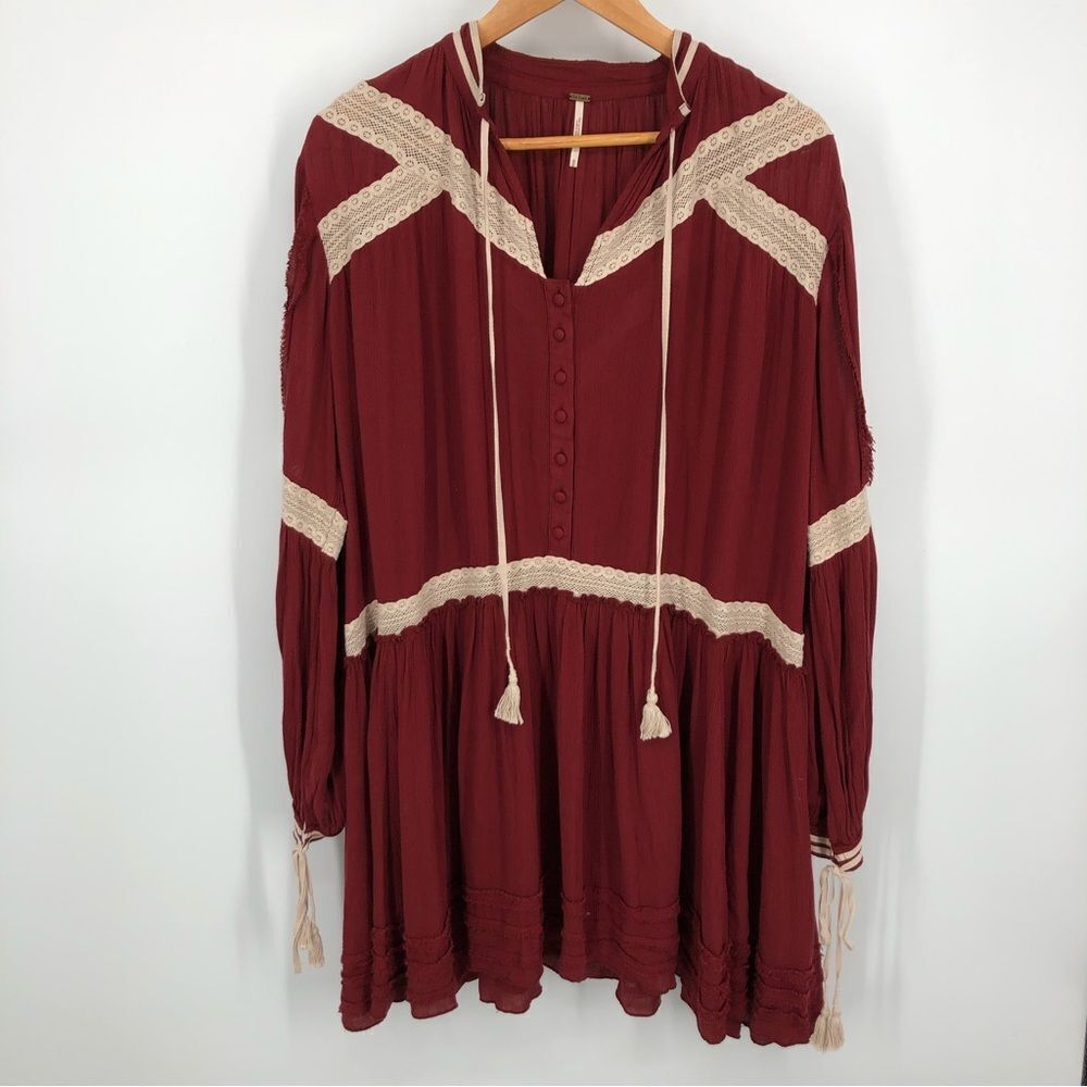 Free People Boho Mini Dress Womens M Long Sleeve Red‎ Oversized Crochet Tassels